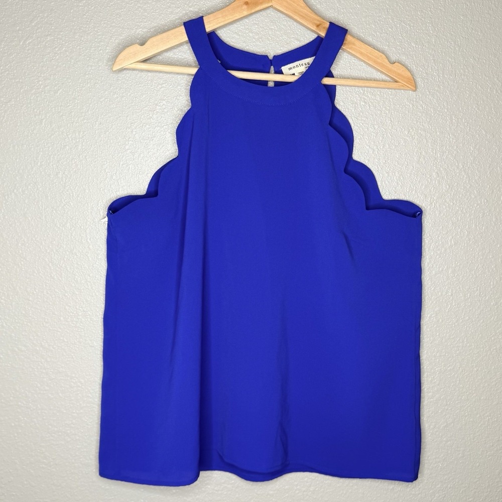 Monteau Los Angeles Royal Blue Scalloped Sleeveless Blouse Womens L Keyhole